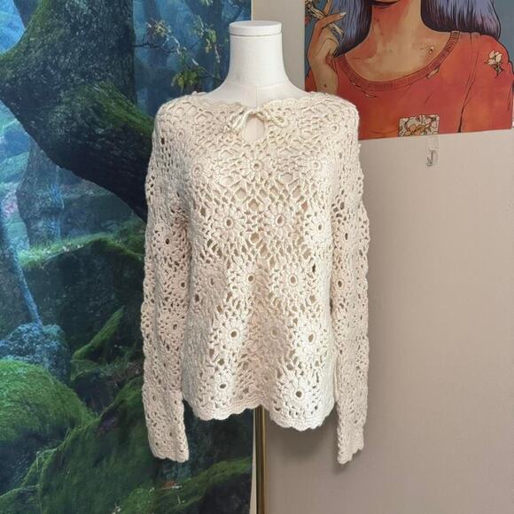 cream crochet floral handknit sweater medium boho cottagecore y2k - Picture 8 of 8